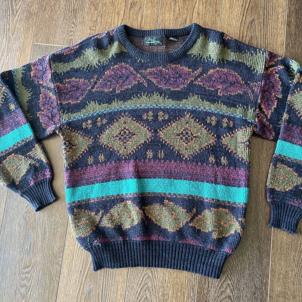 MELANGE Multi-Color Abstract Acrylic Sweater Vtg 90s Mens Biggie Cosby; Sz Med
